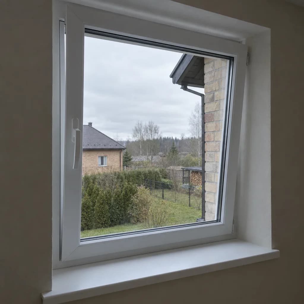 Naujas baltas plastikinis langas namo sienoje, pravertas nuožulniai